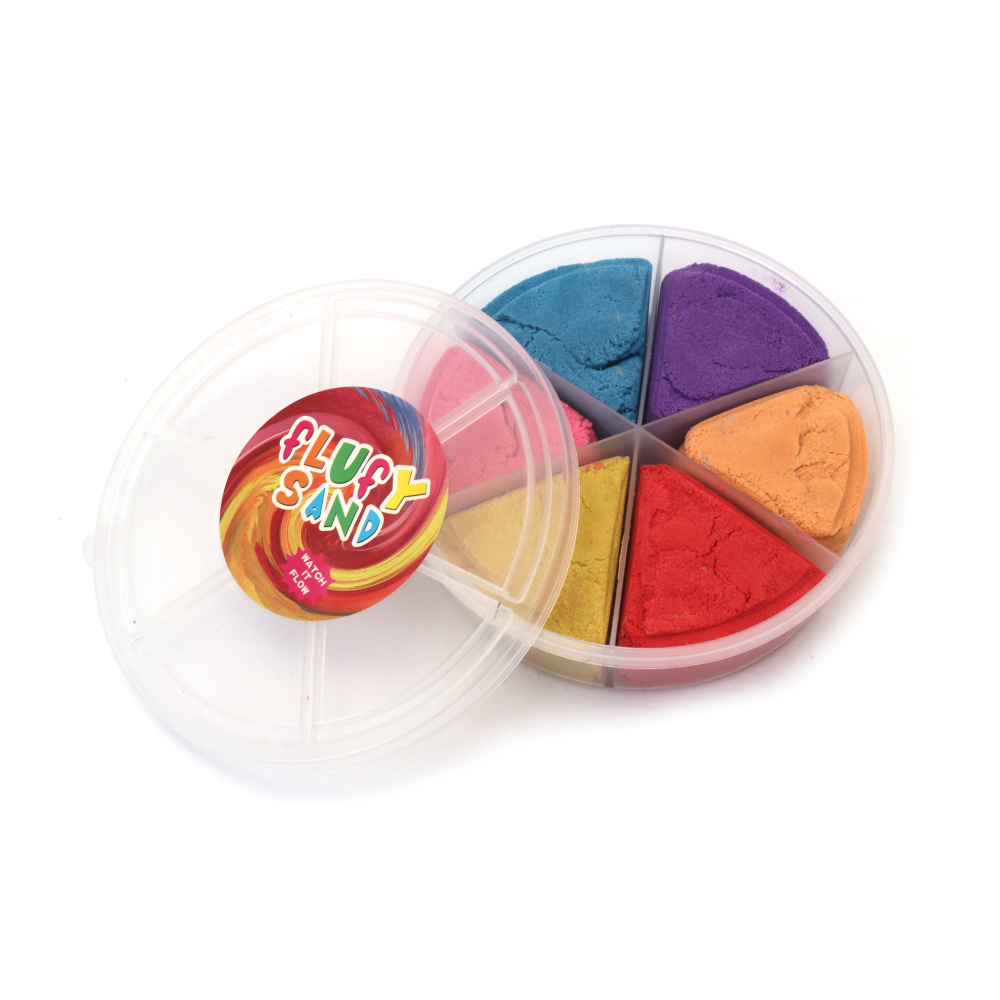 Nisip kinetic moale și colorat ~240 g – 6 culori vii asortate, perfect pentru joaca copiilor, activități senzoriale și proiecte creative hobby & craft