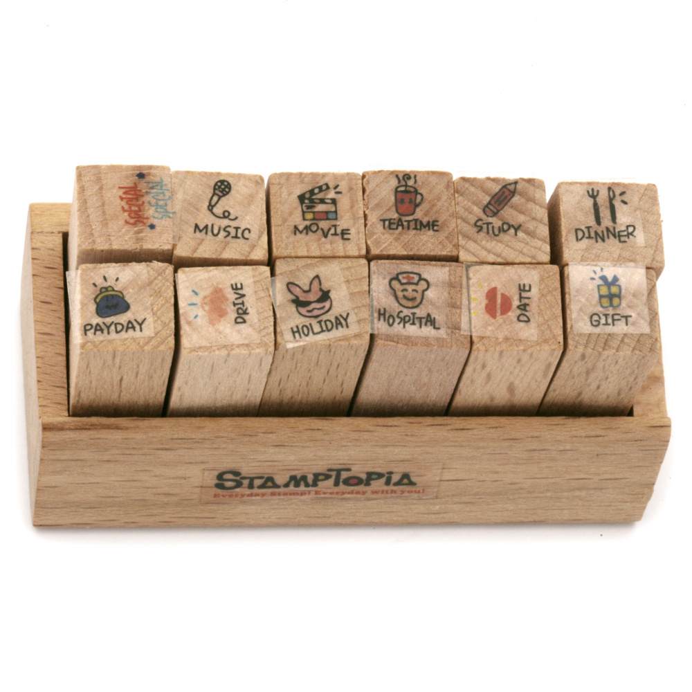 Set de timbre din lemn 12 buc 10x10 mm cu modele ASSORTE