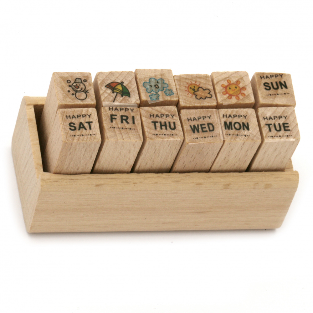 Set of ASSORTED Wooden Stamps with Stand / 10x10 mm / 12 pieces