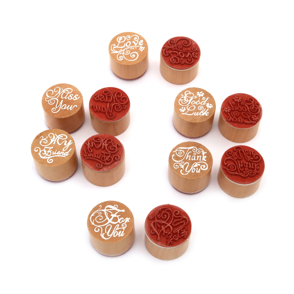 Set of Wooden Stamps, Round 30x30 mm inscriptions - 6 pieces