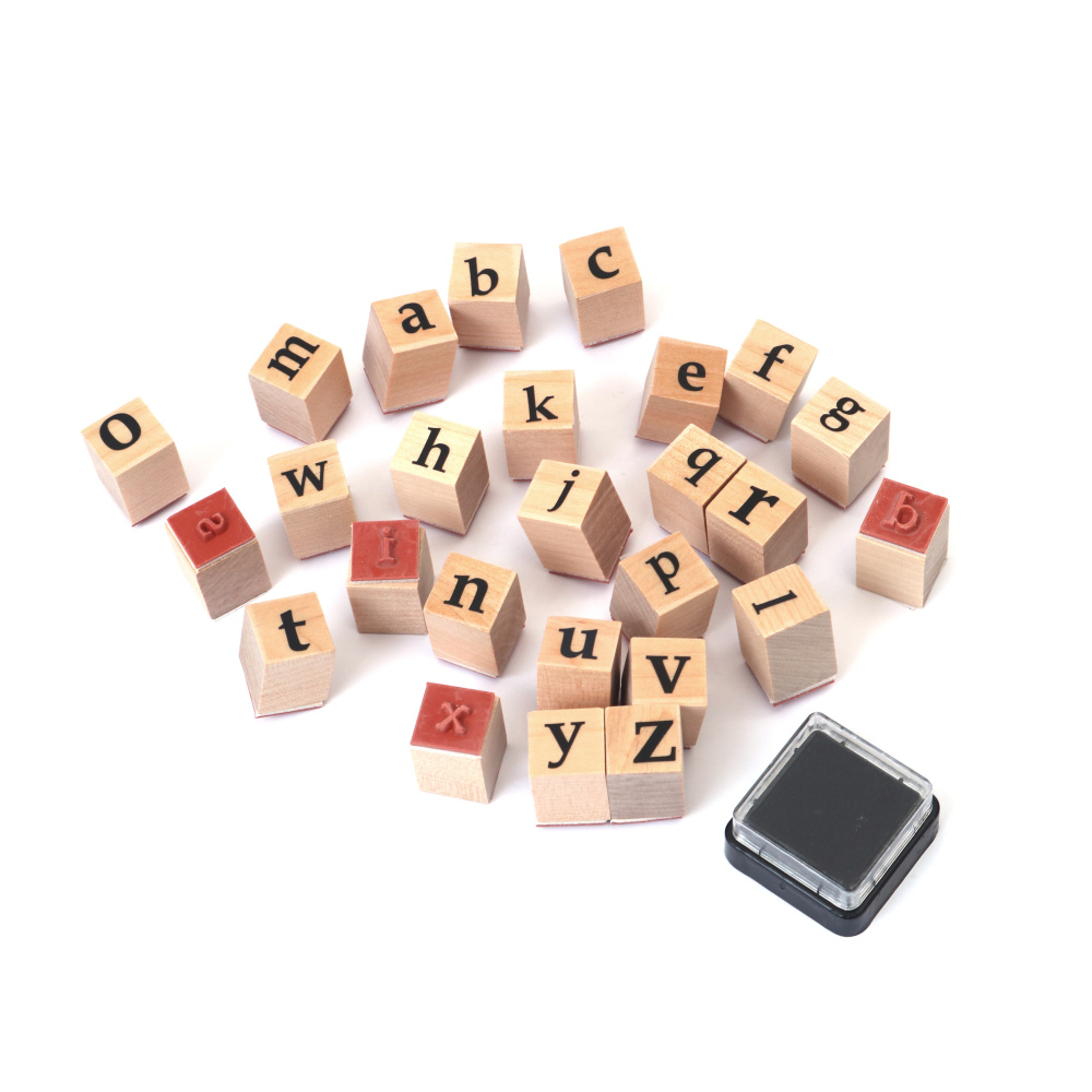 Set di timbri alfabeto in legno - 26 pz lettere minuscole 15x24 mm con tampone per inchiostro 24x24 mm per scrapbooking e fai da te