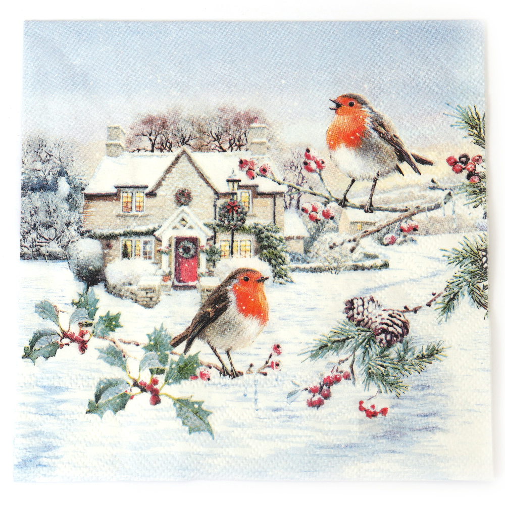 Ubrousek na decoupage Charming Ambiente 33×33 cm – 3vrstvý, Birdy Village, 1 ks, dekorativní ubrousek pro kreativní ubrouskovou techniku