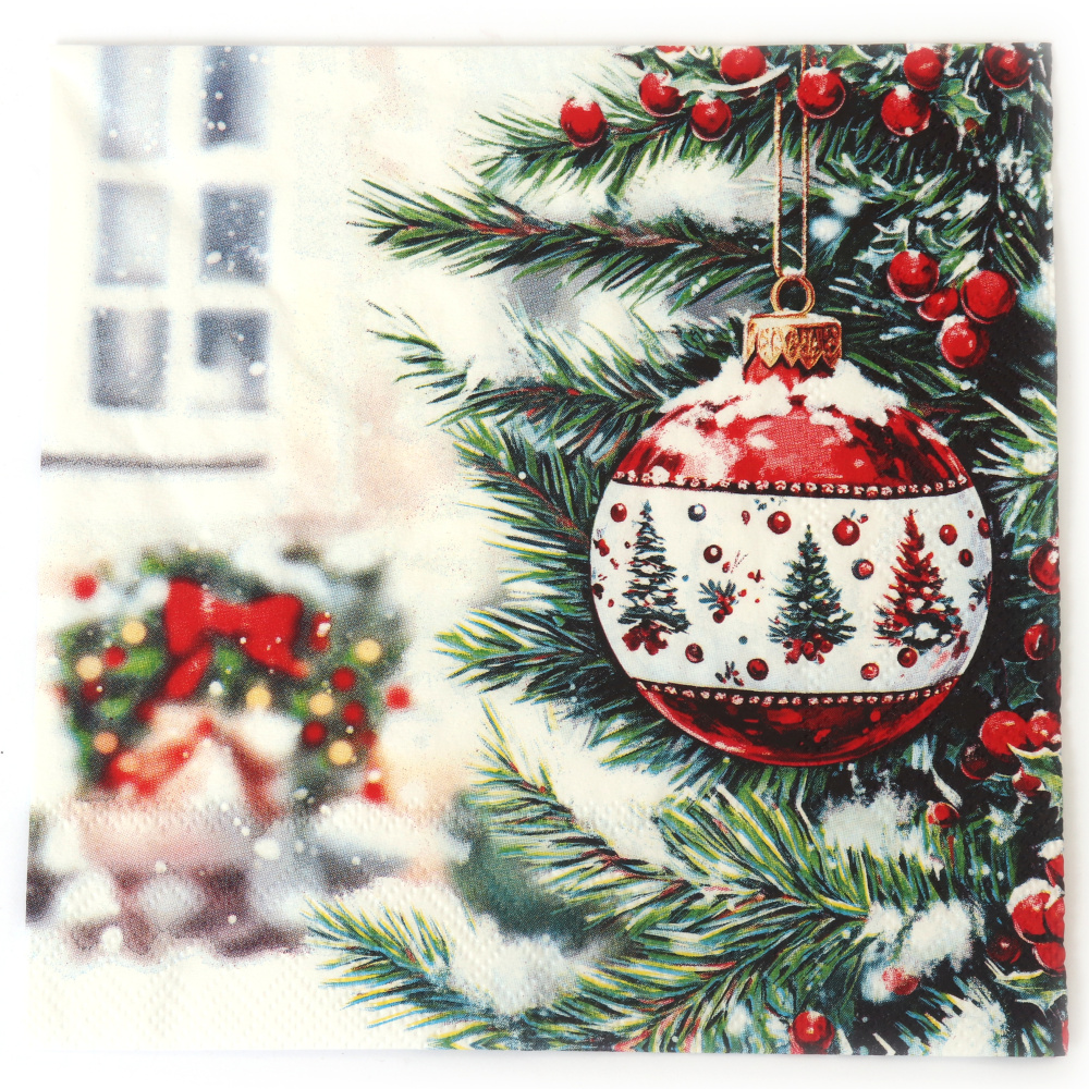 Festliche Ambiente Decoupage-Serviette 33x33 cm – 3-lagig, dekorierte Weihnachtskugel, 1 Stück, charmante Serviette für kreatives Basteln