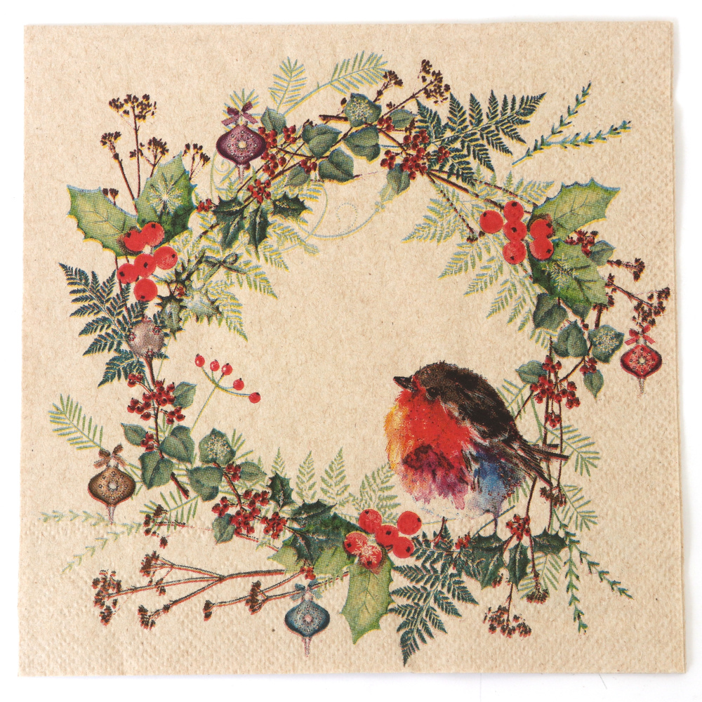 Natural Ambiente Decoupage Serviette 33x33 cm – 3-lagig, recycelt, Rotkehlchen-Kranz Natur, 1 Stück, Deko-Serviette für kreative Decoupage