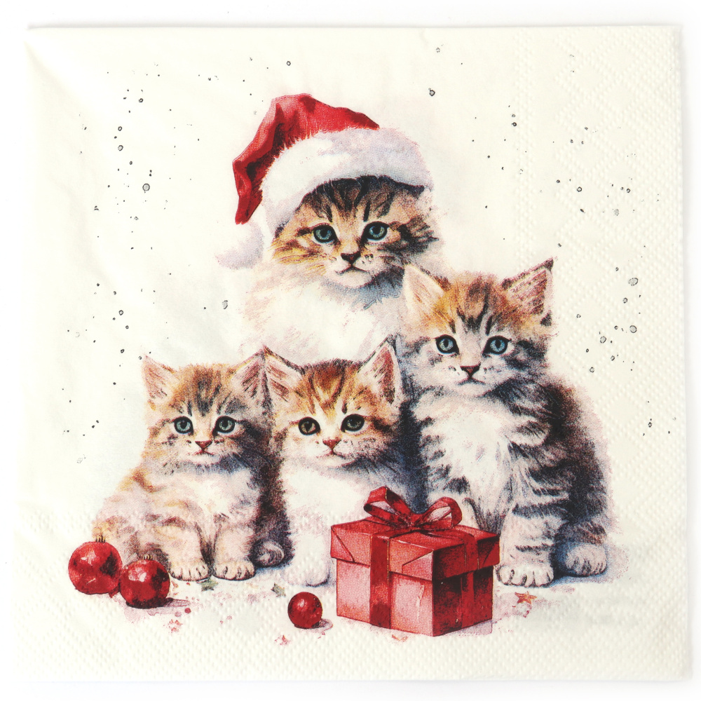Süße Ambiente Decoupage-Serviette 33x33 cm – 3-lagig, Meaowy Christmas, 1 Stück, festliche Serviette für kreative Serviettentechnik