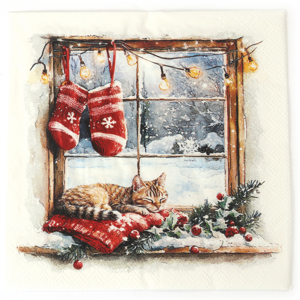 Cozy Ambiente Serviette für Decoupage 33x33 cm – 3-lagig, Winterfenster, 1 Stück, festliche Bastelserviette für kreative Serviettentechnik