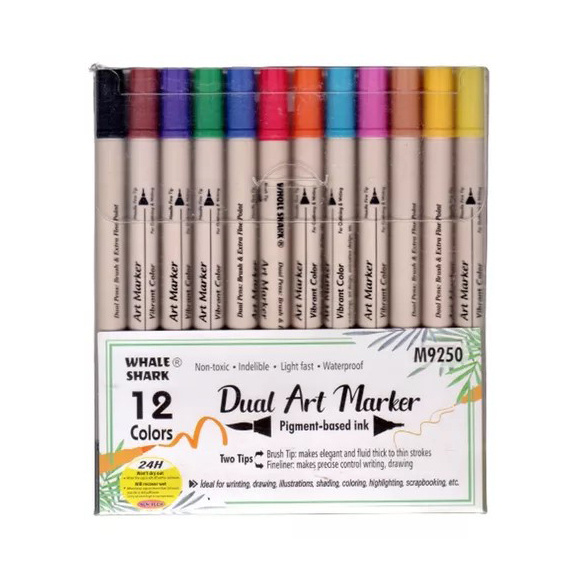 Double-Ended Markers with Brush and Fineliner Set - 12 Colors