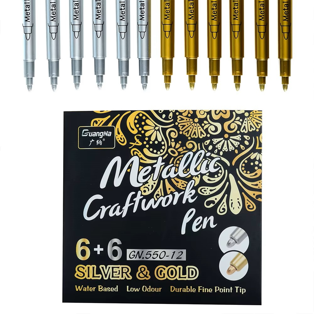 GuangNa Brush Markers Metallic Colors - 6 Silver and 6 Gold