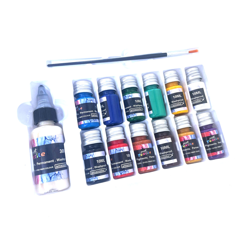 Set of Fabric Paints 12 Colors x 10 ml, 1 x 30 ml Color Regulator, and 1 Brush