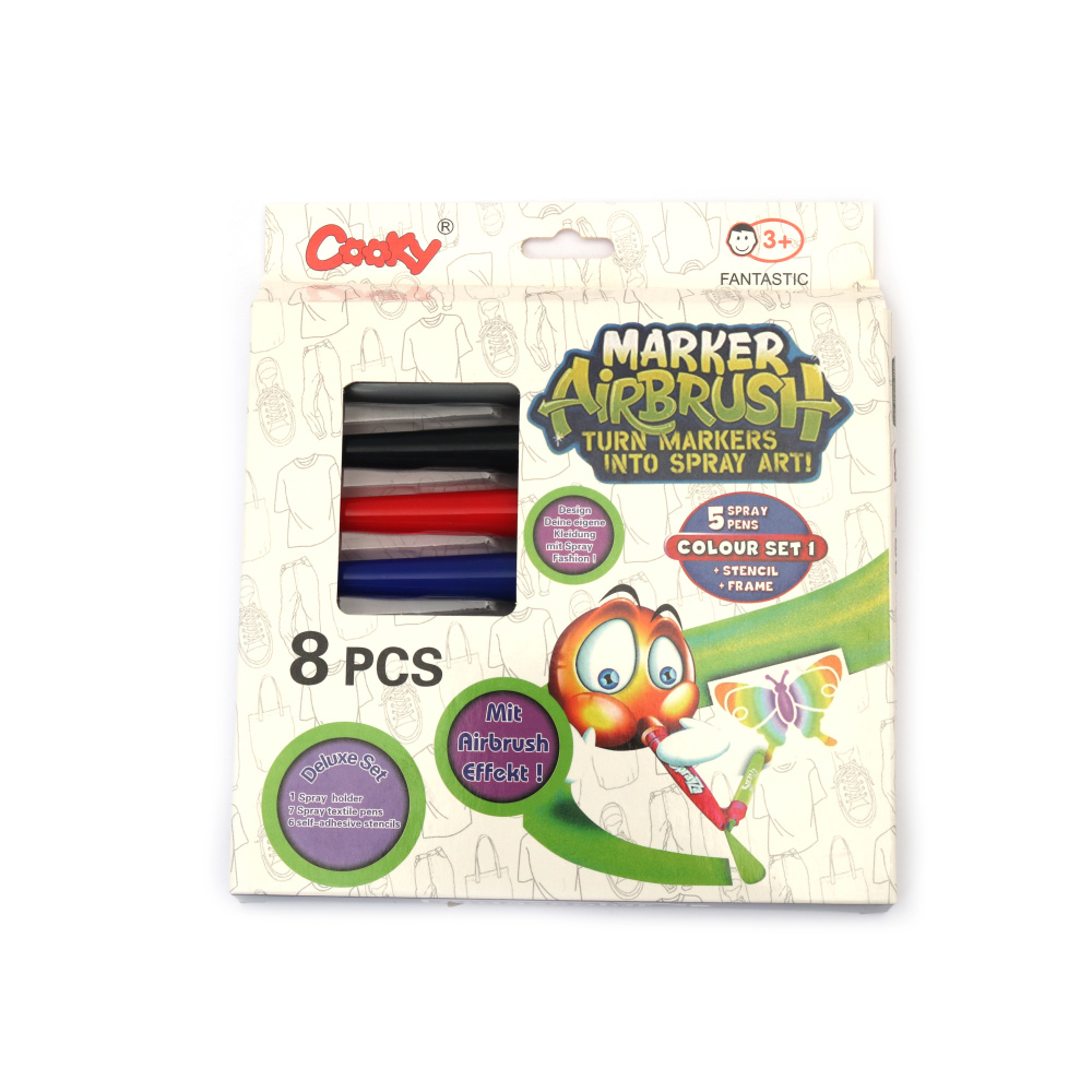 Set of Fabric Spray Markers with 7 Colors, Holder, and 6 Stencils