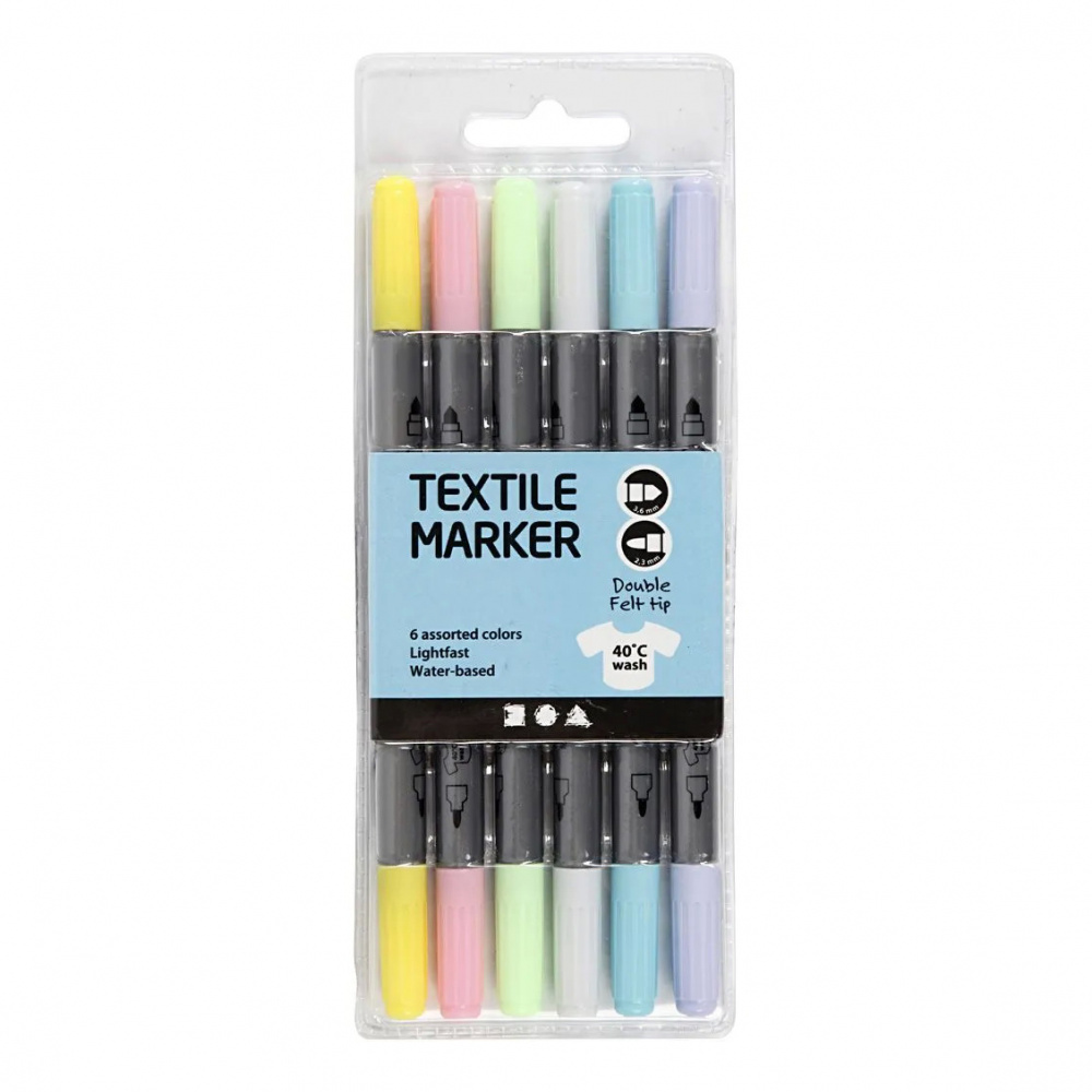 Set markere pentru textile pe baza de apa culori pastelate fata-verso 2,3-3,6 mm CREATIV -6 culori