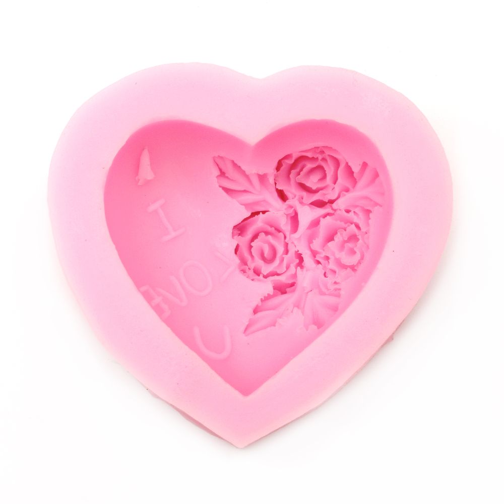 Silicone Mold / Form, 70x65x30 mm, Heart with Roses and Inscription