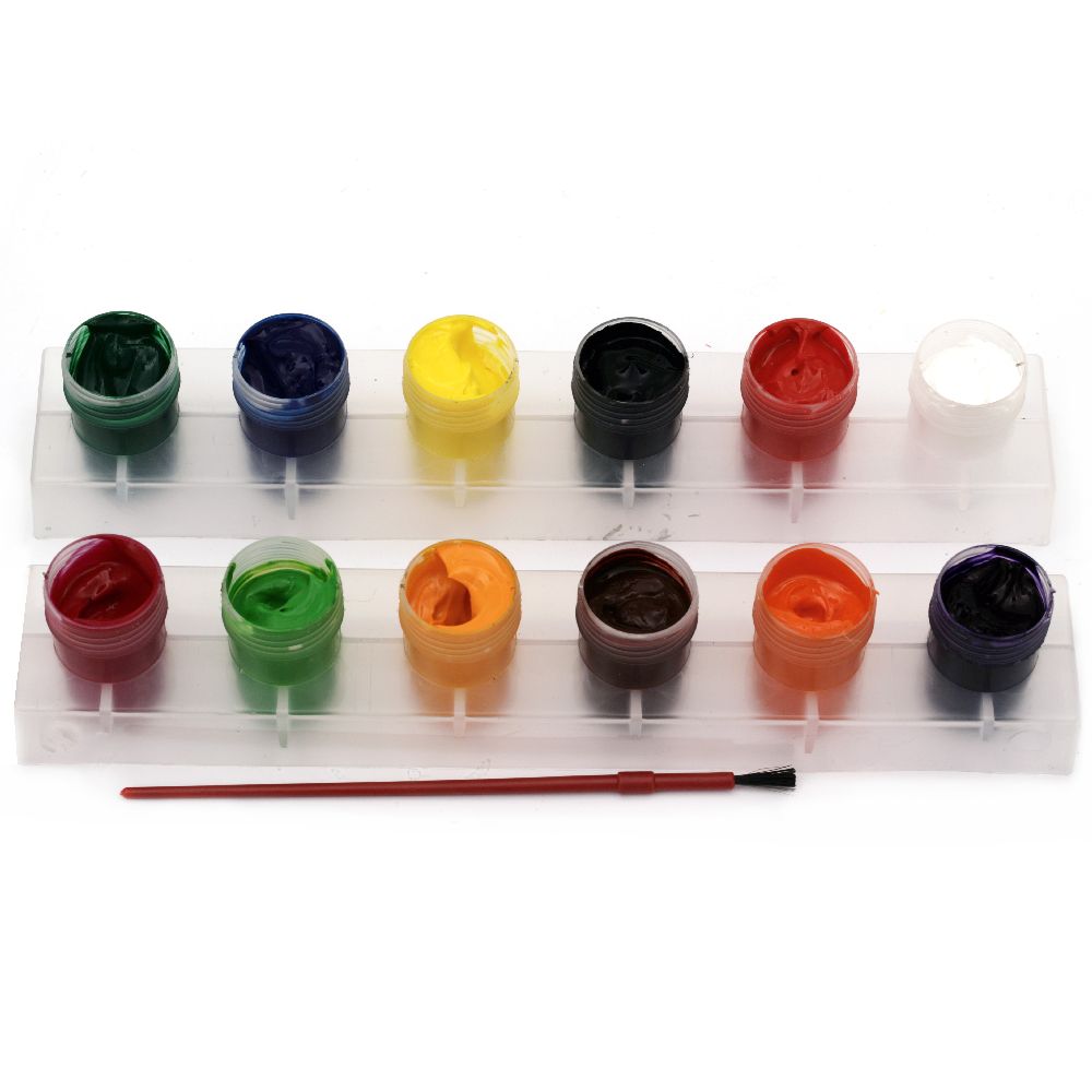 Комплект водни бои 12 цвята в 2 поставки и четка за рисуване