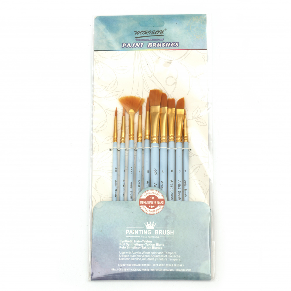 Set of flat and round painting brushes made of TAKLON synthetic fiber, 10 pieces