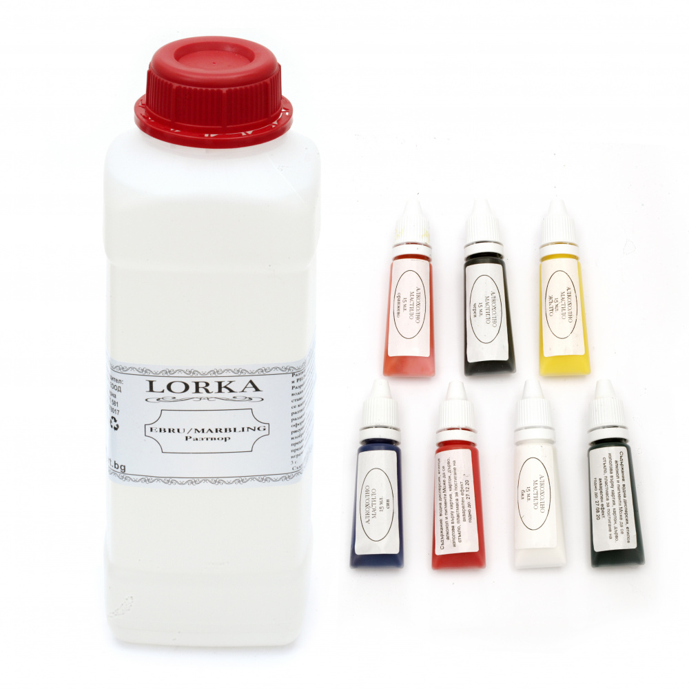LORKA water painting set for EBRU technique 7 pcs x15ml ink and 1l painting solution