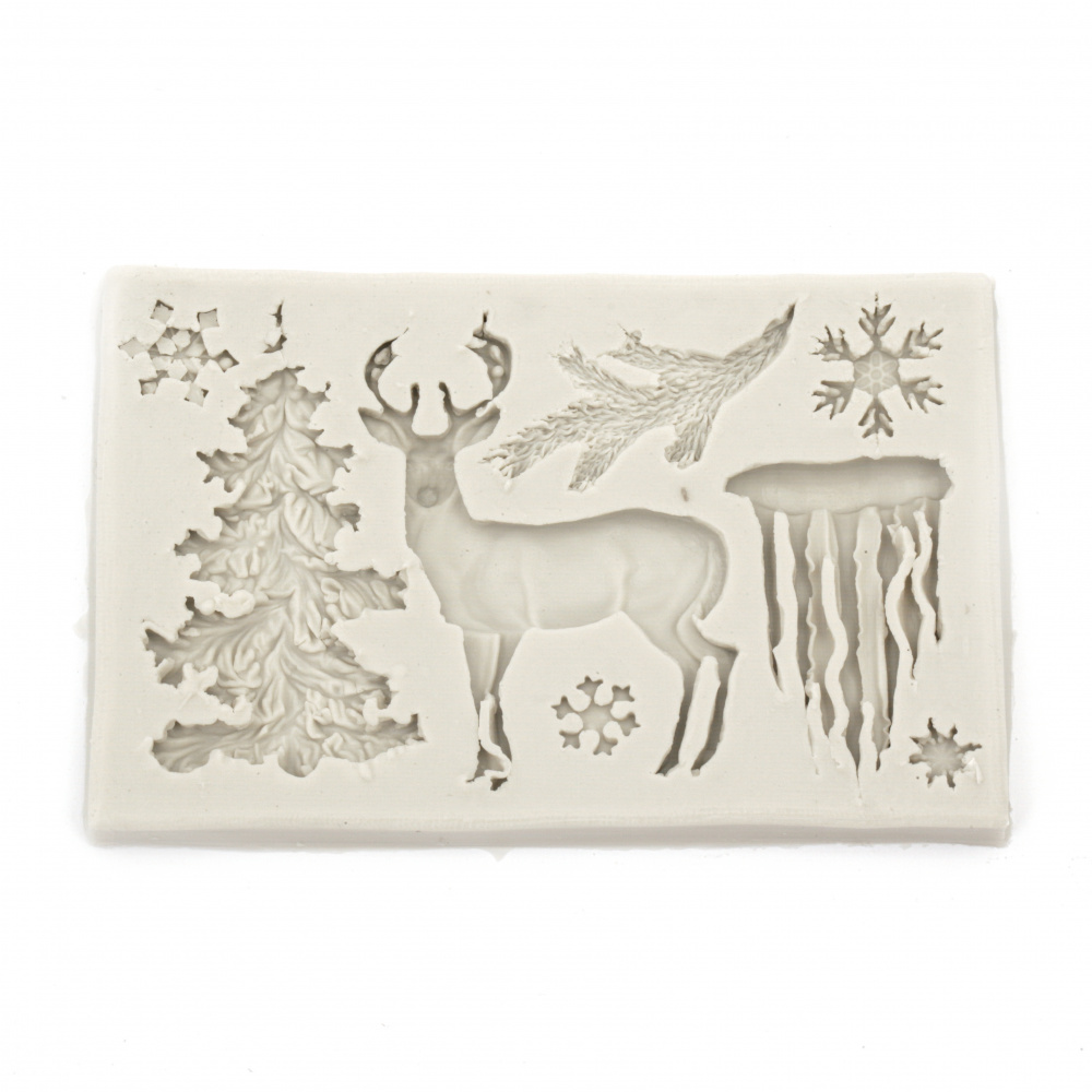 Silicone Mold / Form / Deer 66 mm, Christmas Tree 67 mm, 3 Snowflakes 13-21 mm, Pendant - 45 mm, Pine Branch 48 mm