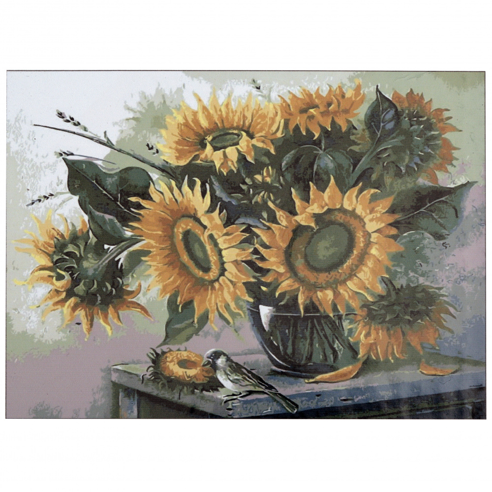 Painting kit by number 30x40 cm - Vase with sunflowers - with stretched canvas on wood frame, scheme, paints and 3 brushes