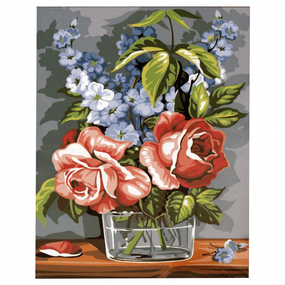 Комплект рисуване по номера 30x40 см - Ваза с рози и сини цветя ms7375