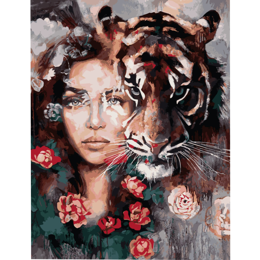 Ζωγραφική με αριθμούς καμβάς με σφήνα και πλαίσιο 30x40 cm - Η τίγρη μέσα μου - χρώματα και 3 πινέλα