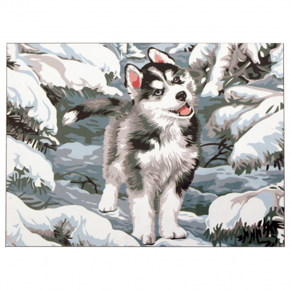 Ζωγραφική με αριθμούς καμβάς με σφήνα και πλαίσιο 20x30 cm - Σκύλος στο χιόνι -χρώματα και 3 πινέλα