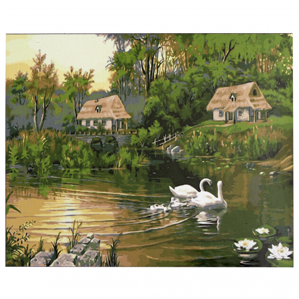Painting kit by number 40x50 cm - The lake with the swans - framed canvas, scheme, paints and 3 brushes