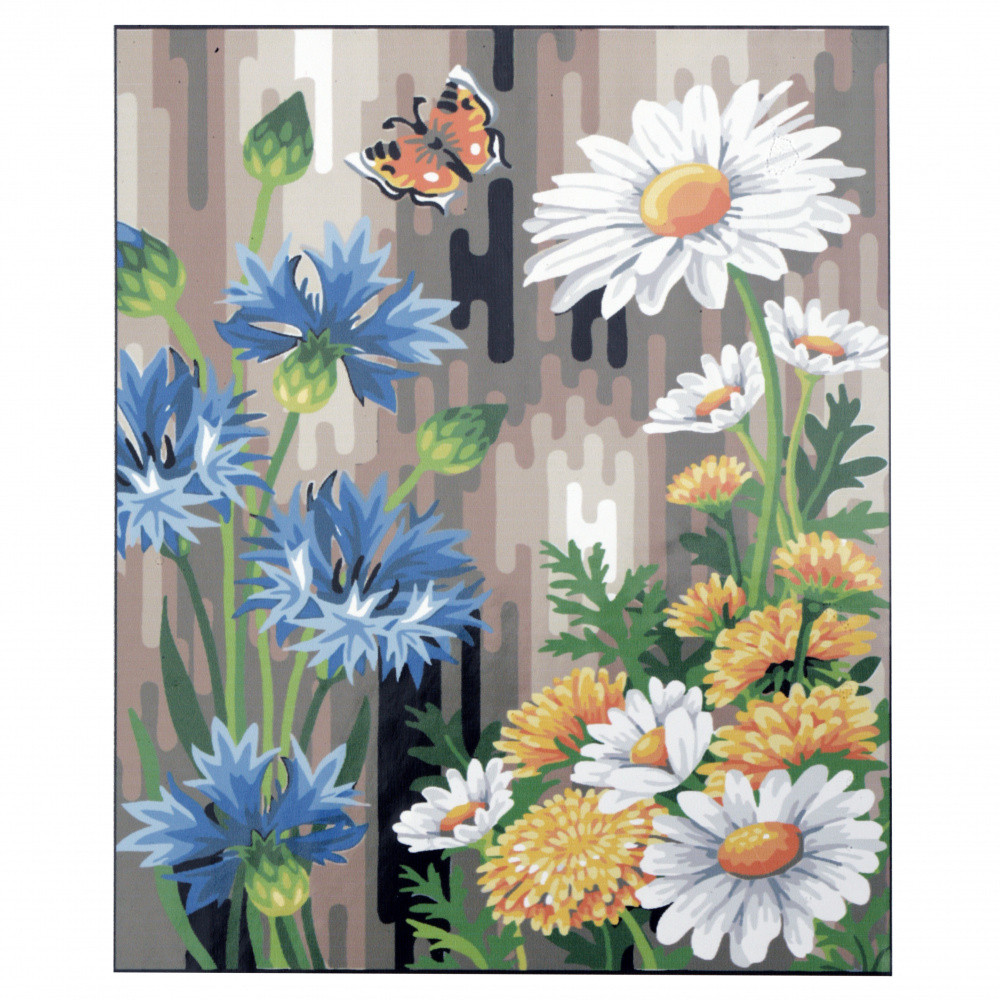 Set for painting by number 40x50 cm - Daisies and blue - with stretched canvas on wood frame and scheme, paints and 3 brushes