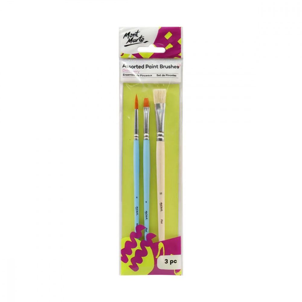 Mont Marte Discovery Brush Set with Taklon Synthetic Fiber and Natural Bristle - 3 Pieces