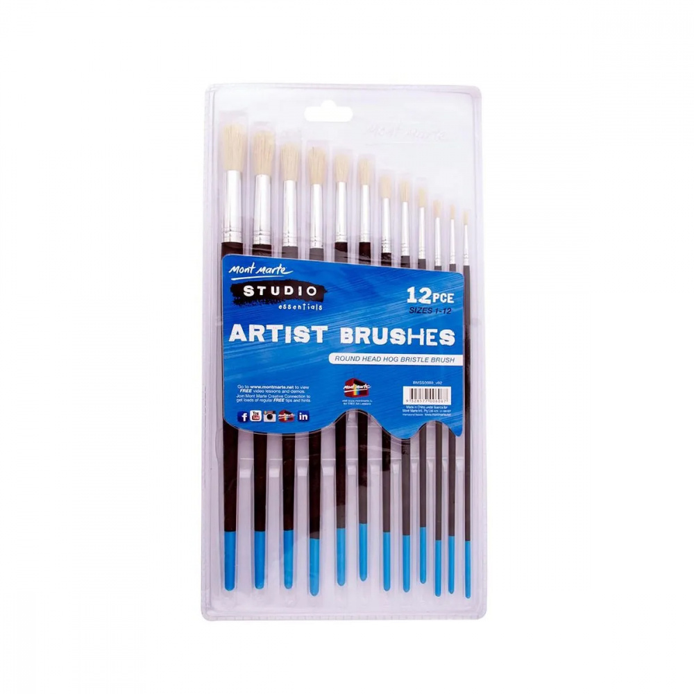Mont Marte Studio Artist Brushes Set - 12 pieces, Round Brushes with Natural Hair, Sizes 1 to 12