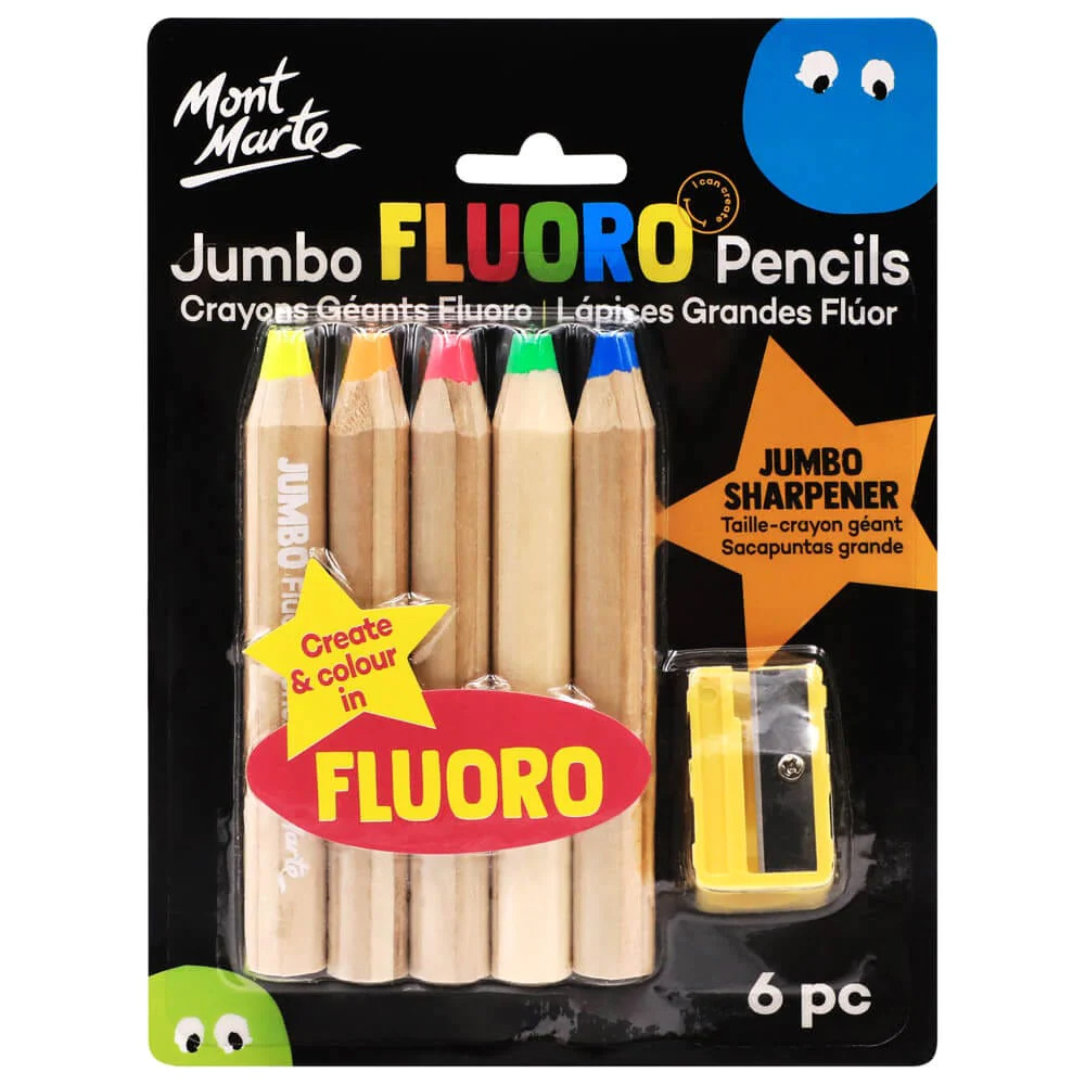 Jumbo Fluoro MM Jumbo Neon Pencils Set with Sharpener, 6 Pieces