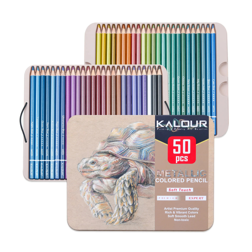 Professional Metallic Colored Pencils with Color Chart in a Metal Box Kalour - 50 Colors