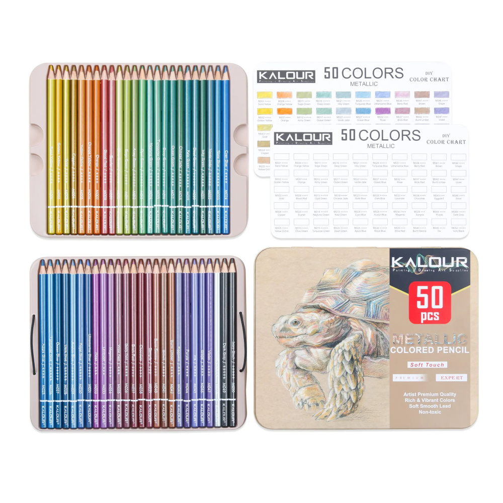 Professional Metallic Colored Pencils with Color Chart in a Metal Box Kalour - 50 Colors