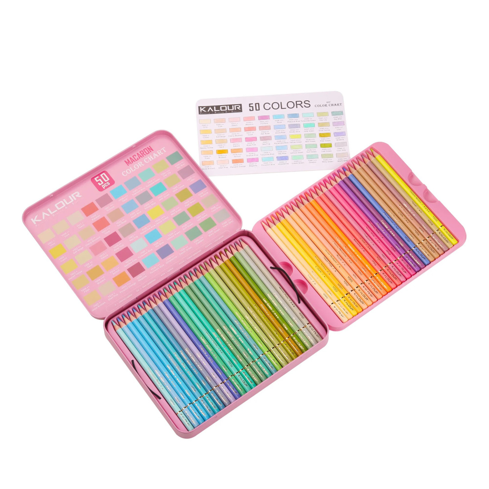 Professional Macaron Pastel Colored Pencils with Color Chart in a Metal Box Kalour - 50 Colors