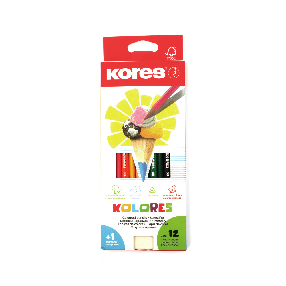 Colored Pencils Set with Eraser and Sharpener Kores - 12 Colors