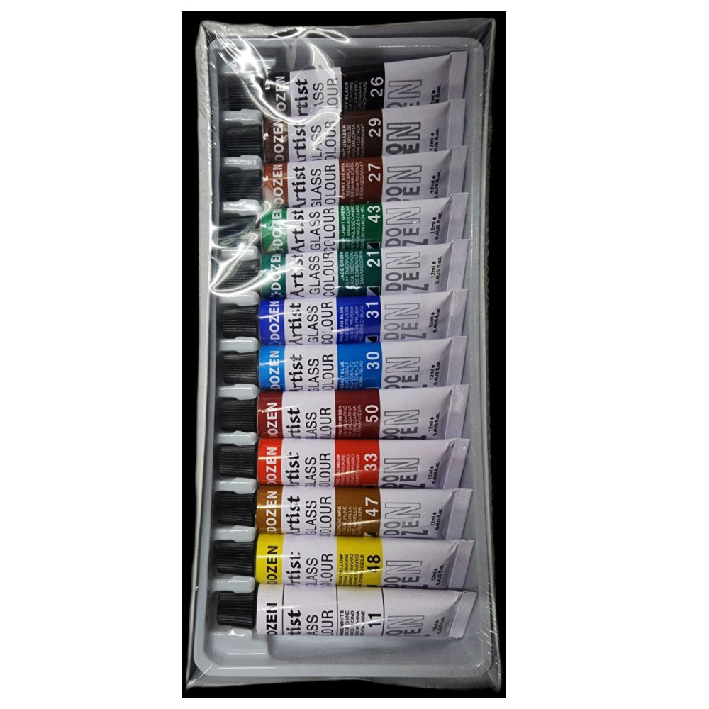 Set premium de vopsele pentru sticlă DUZINĂ – 12 culori vii asortate x 12 ml – transparente, durabile și ușor de aplicat, perfecte pentru pictură pe sticlă, porțelan și proiecte decorative
