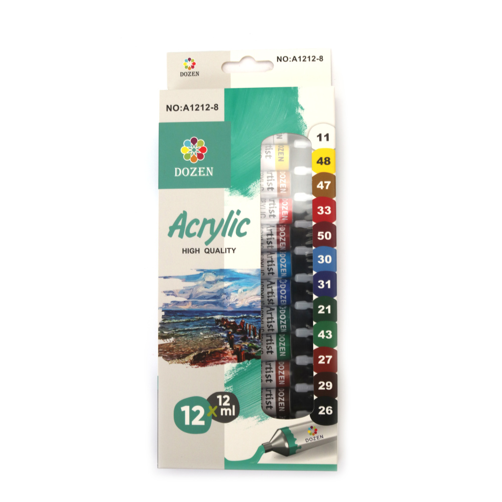 Set de vopsele acrilice DOZEN – 12 culori vibrante asortate x 12 ml – textură netedă, pigmentare puternică și acoperire excelentă – ideal pentru artă, hobby, craft, handmade și proiecte DIY