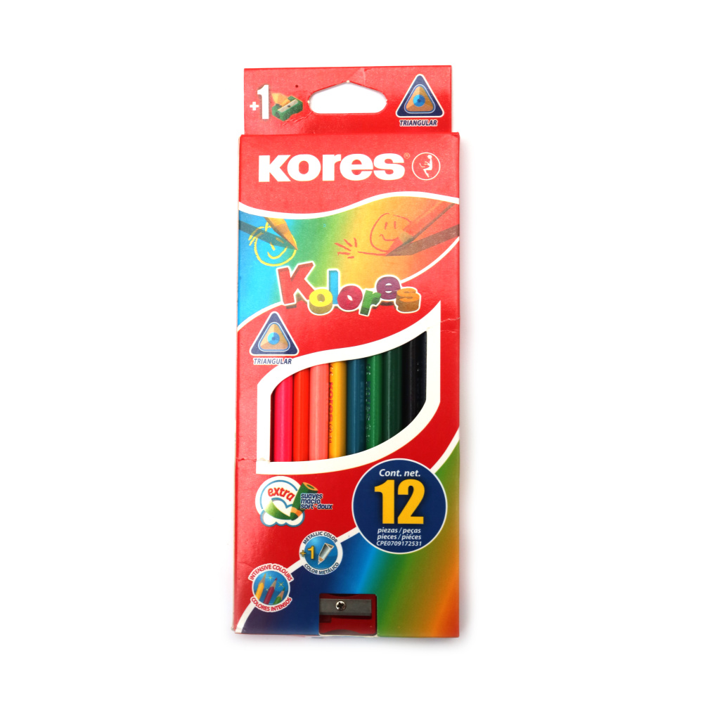 Kores Triangular Colored Pencils – Set of 12 Vibrant Colors with Sharpener – Ergonomic Design for Comfortable Grip & Smooth Coloring, Perfect for School and Art