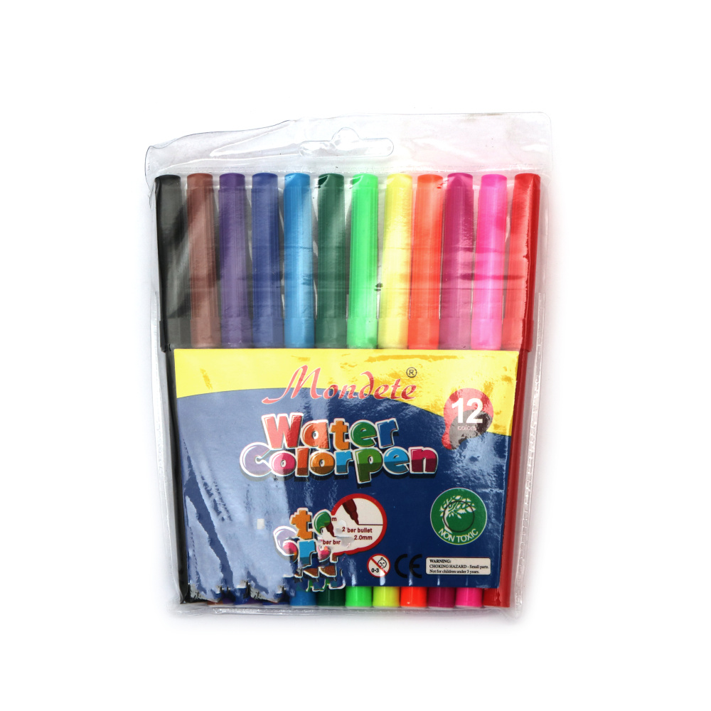 Markere pe bază de apă – Set de 12 culori asortate, vârf 2 mm – curgere lină a cernelii, pigmenți strălucitori și control precis pentru desen, colorat și proiecte școlare
