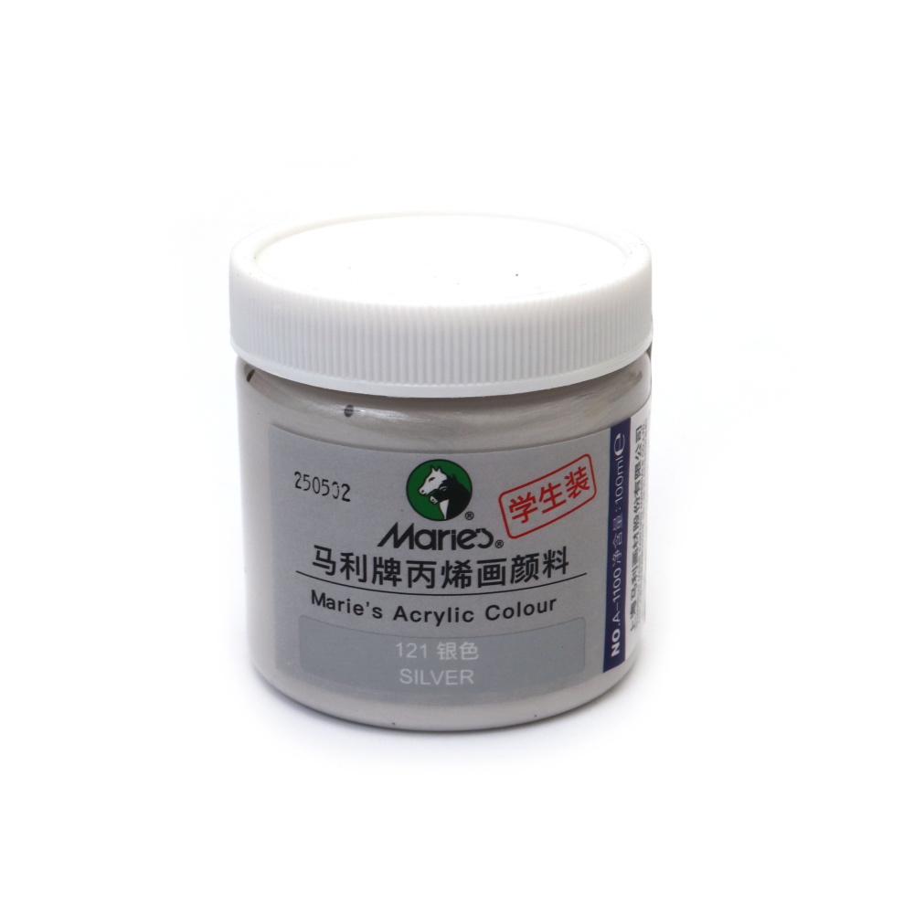 Vopsea acrilică perlată Maries 100 ml – Argintiu, finisaj metalic neted pentru artă decorativă, hobby & craft și proiecte creative