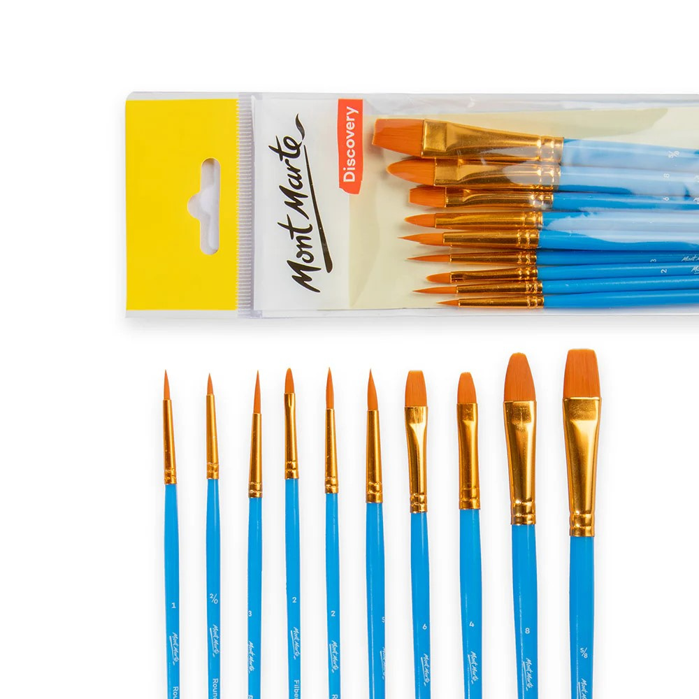 Σετ πινέλα Mont Marte Assorted - 10 τεμάχια - στρογγυλές και επίπεδες βούρτσες από συνθετική τρίχα