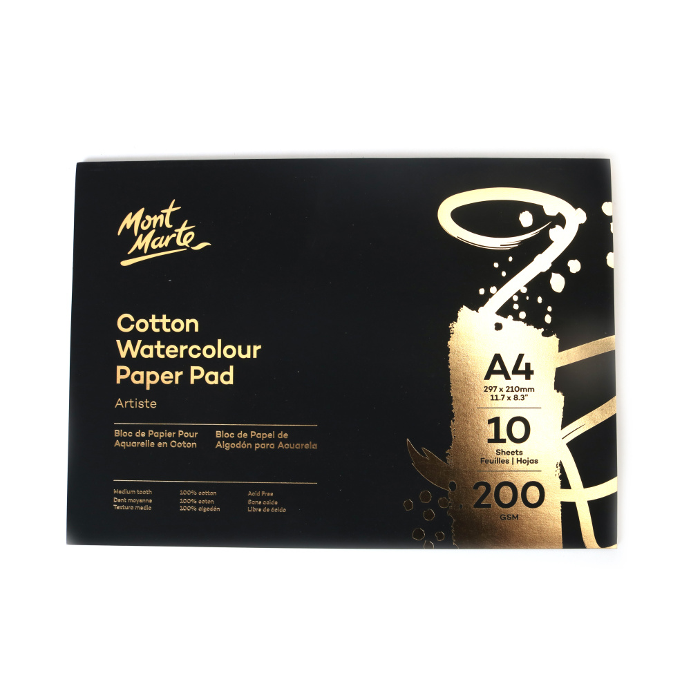 Mont Marte Carta per Acquerello in Cotone Premium per Belle Arti, A4, 200 g/m², 10 fogli