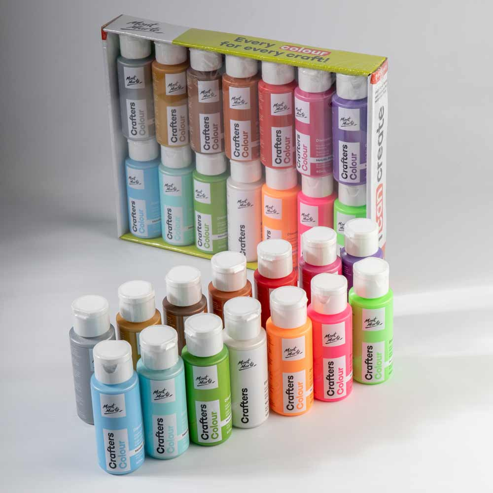 Set vopsea acrilică metalică și fluorescentă Mont Marte Crafters Colour Metallic and Fluoro 14 culori x 60 ml