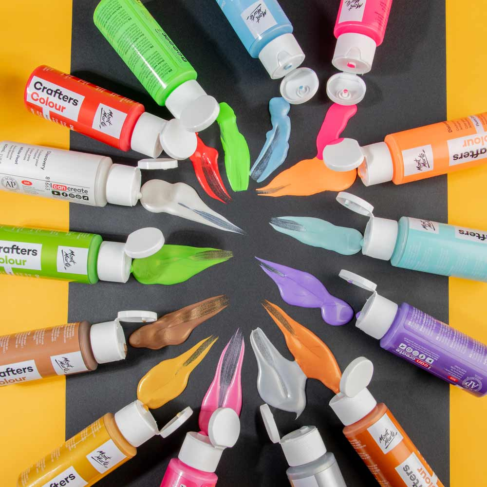 Set vopsea acrilică metalică și fluorescentă Mont Marte Crafters Colour Metallic and Fluoro 14 culori x 60 ml