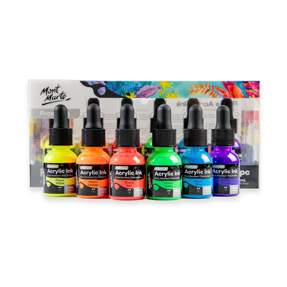 Σετ ακρυλικά μελάνια Mont Marte Fluoro Acrylic Ink 6 χρώματα x 20 ml