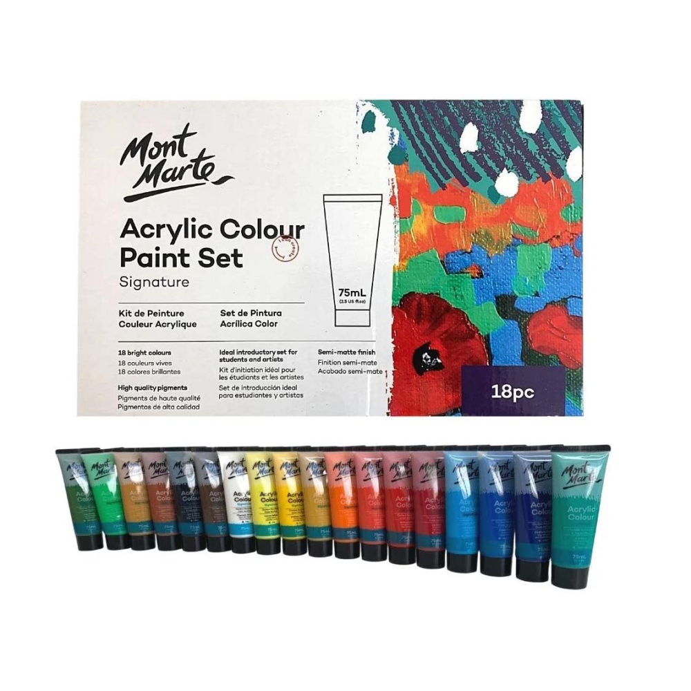 Colorful Mont Marte Acrylic Paint Set – 18 Colors x 75 ml, Versatile Paints for Art & Crafts