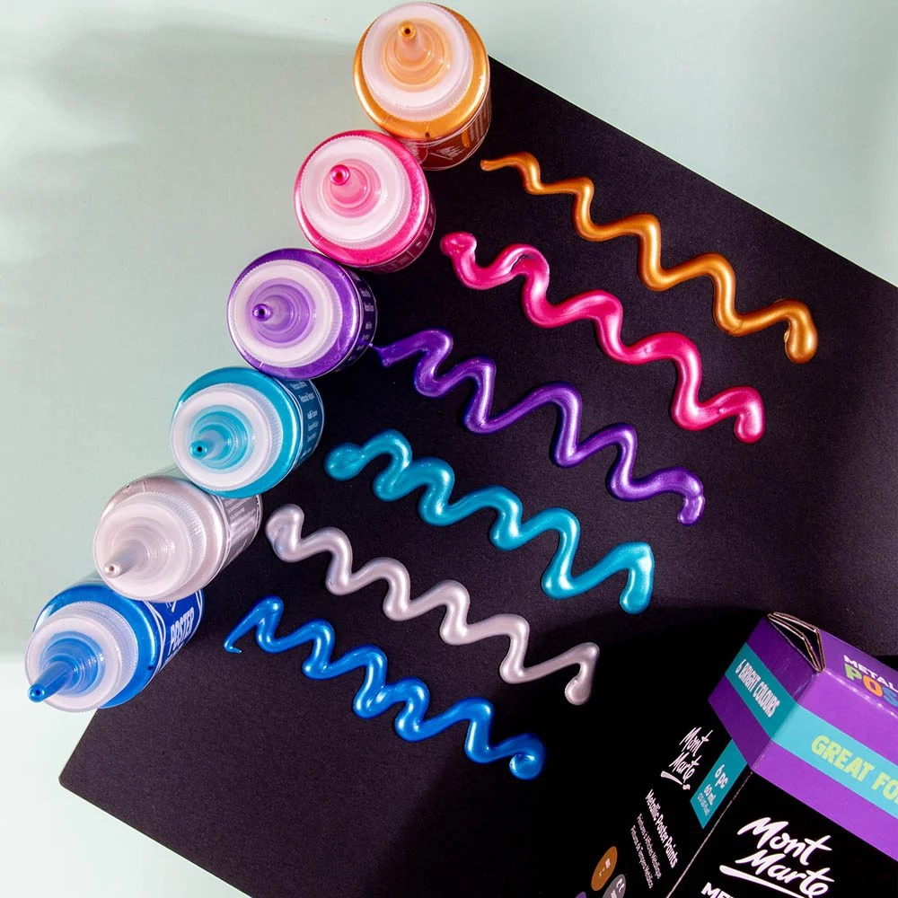 Shimmering Mont Marte Metallic Tempera Paint Set – 6 Colors x 60 ml – for Creative Painting Projects