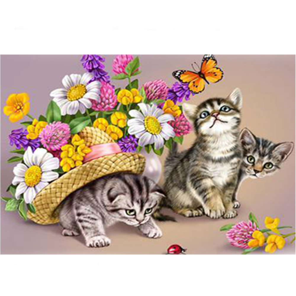 Framed DIY Diamond Painting 20x30 cm, Full Drill Embroidery, Round Crystals, Wall Decor Painting - Kittens with Flowers YSB003