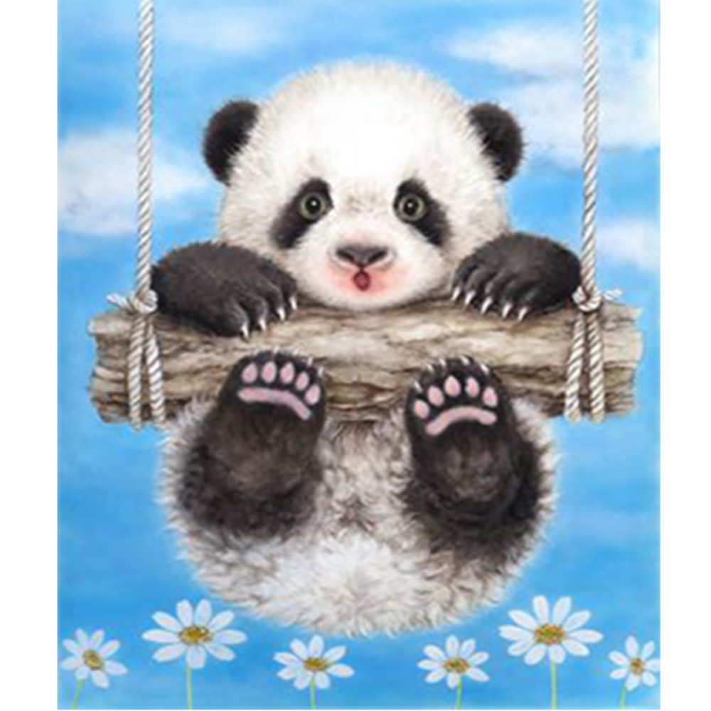 DIY Diamond Painting 20x30 cm with a Frame, Full Drill, Round Diamonds, Home Wall Decoration - Panda on a Swing YSB027