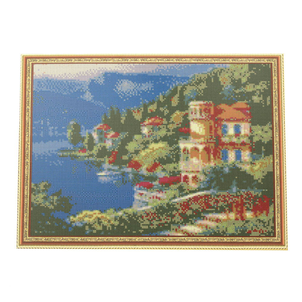 Framed DIY Diamond Painting 40x50 cm, Full Drill Embroidery, Round Crystals, Wall Decor Painting - Fairy House in the Bay YSG0282