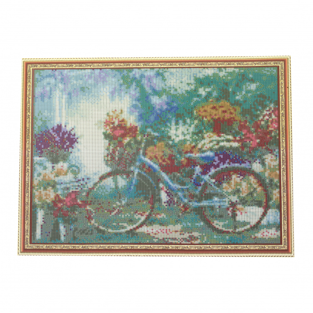 Diamond Painting 40x50 cm with a Frame, Full Drill, Round Diamonds, Home Wall Decor - Bicycle with Flowers YSG0298