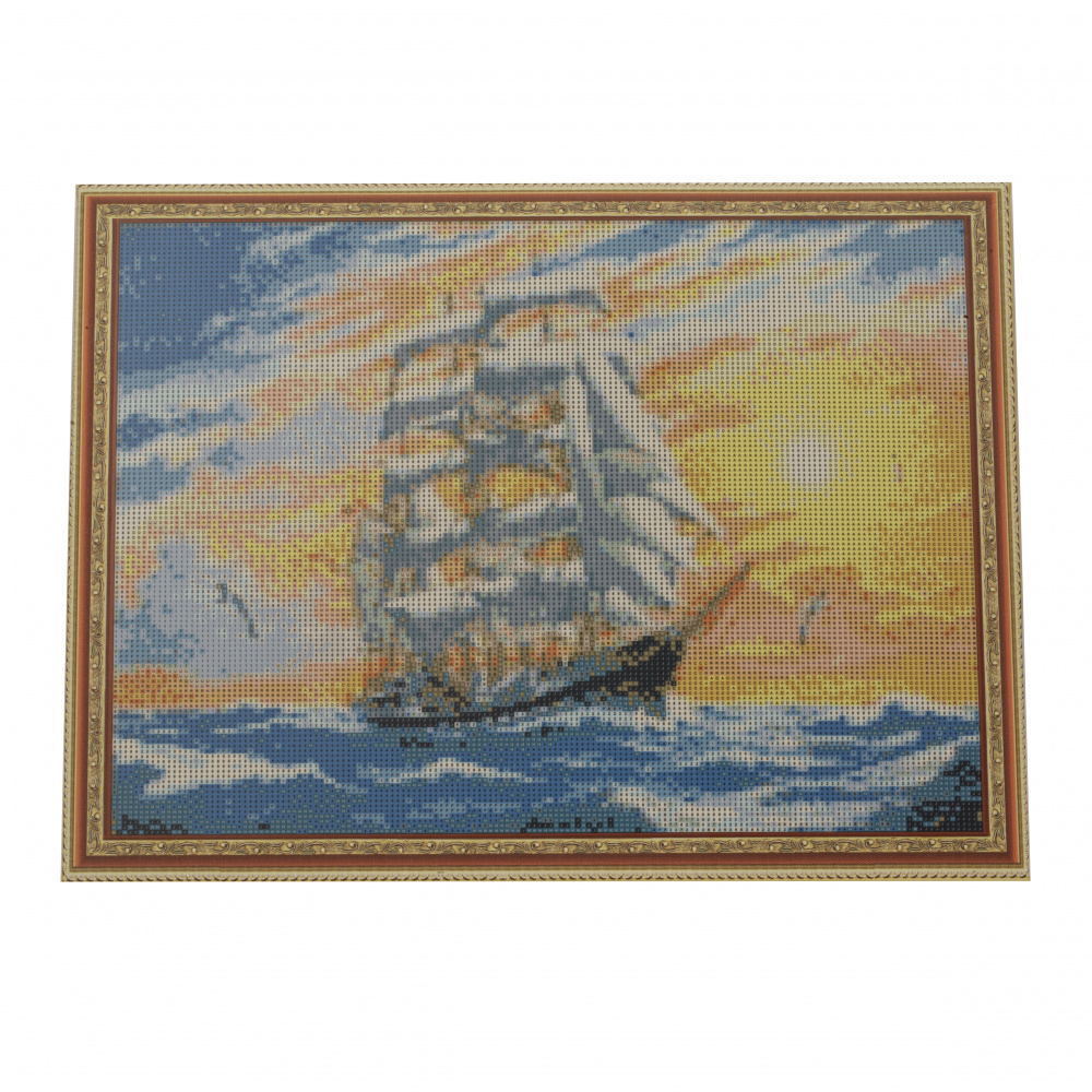 Framed DIY Diamond Painting 40x50 cm, Full Drill Embroidery, Round Crystals, Wall Decor Painting - Ship at Sunset YSG0308